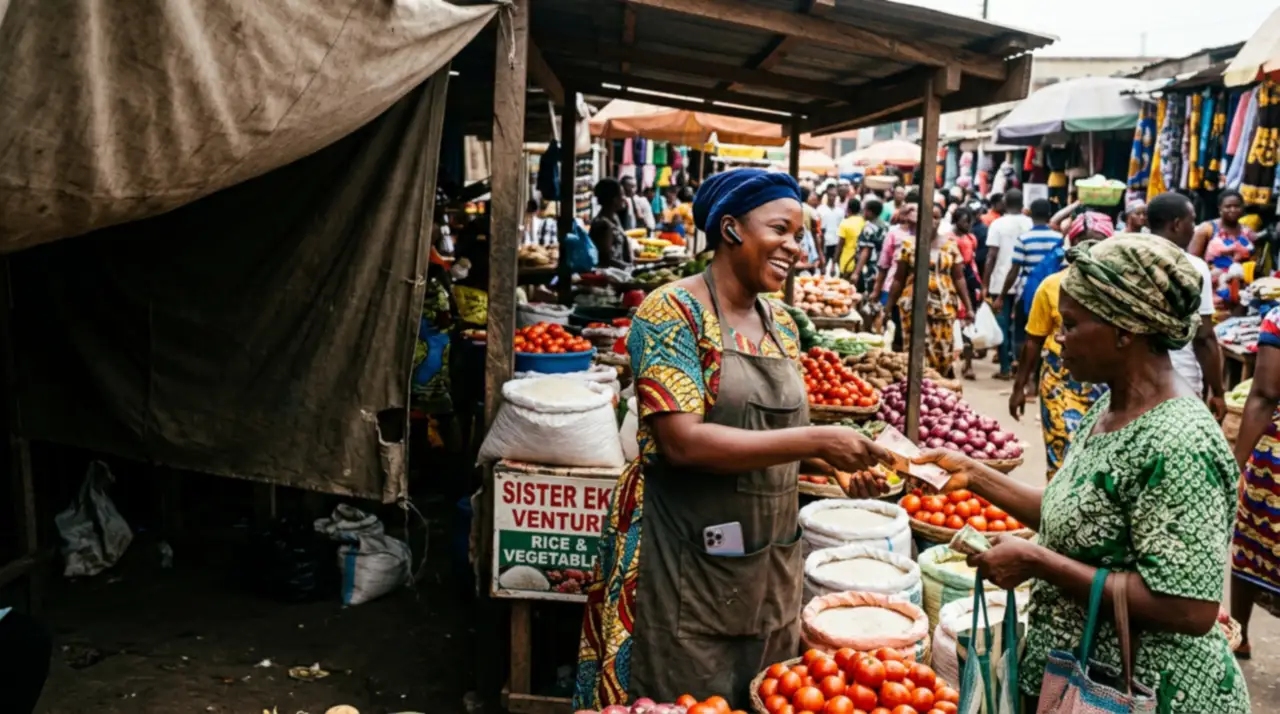 A Ghanaian market trader at her stall, phone in her apron pocket and an earpiece in, handing change to a customer